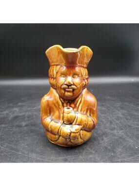 Vintage Colonial Gentleman Toby Jug Pitcher Brown Glaze Character Mug Creamer 6"